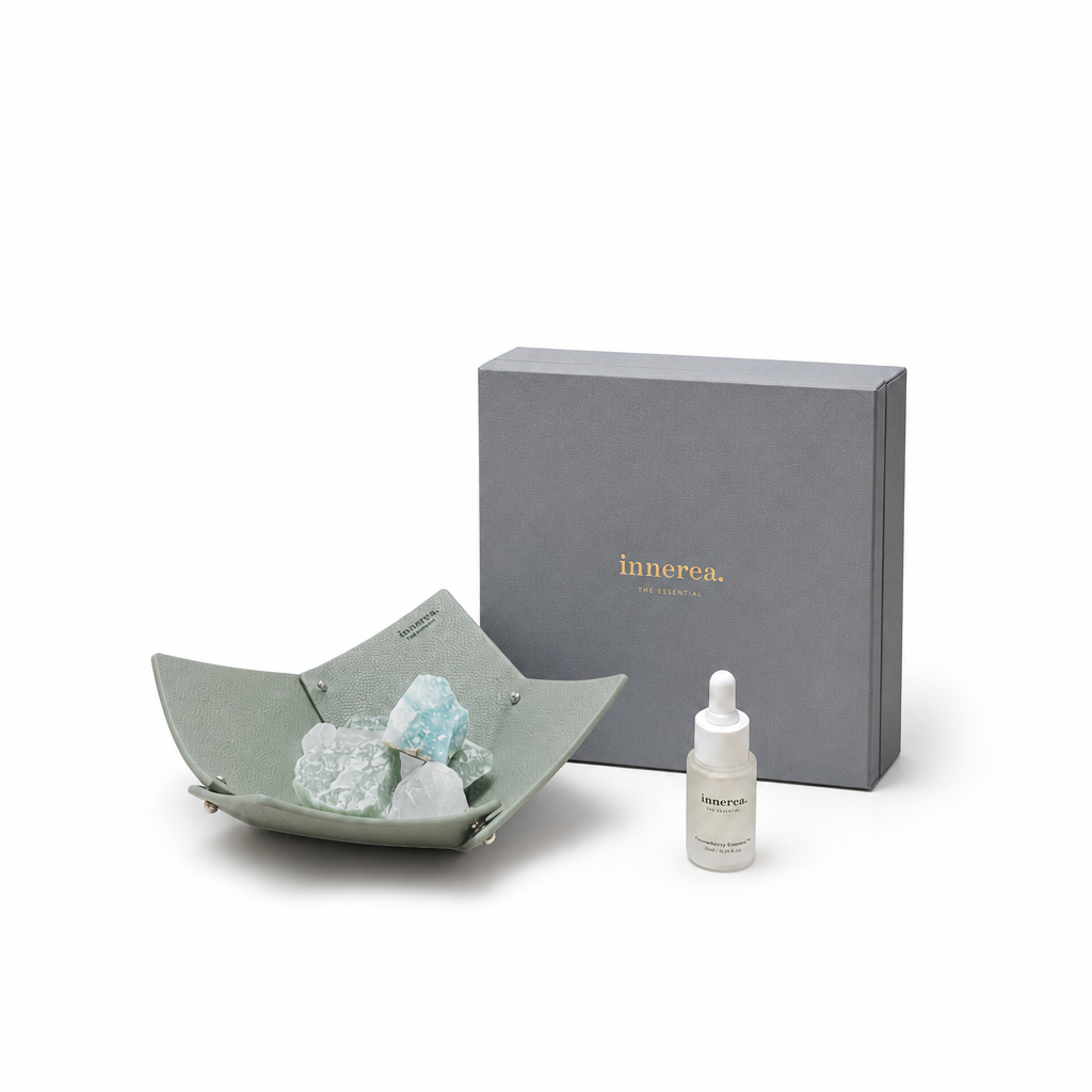 INNEREA Shield | Singapore Design Leather Tray with Natural Crystal Stone Home Fragrance Set | Green Aventurine | Amber & Sandalwood