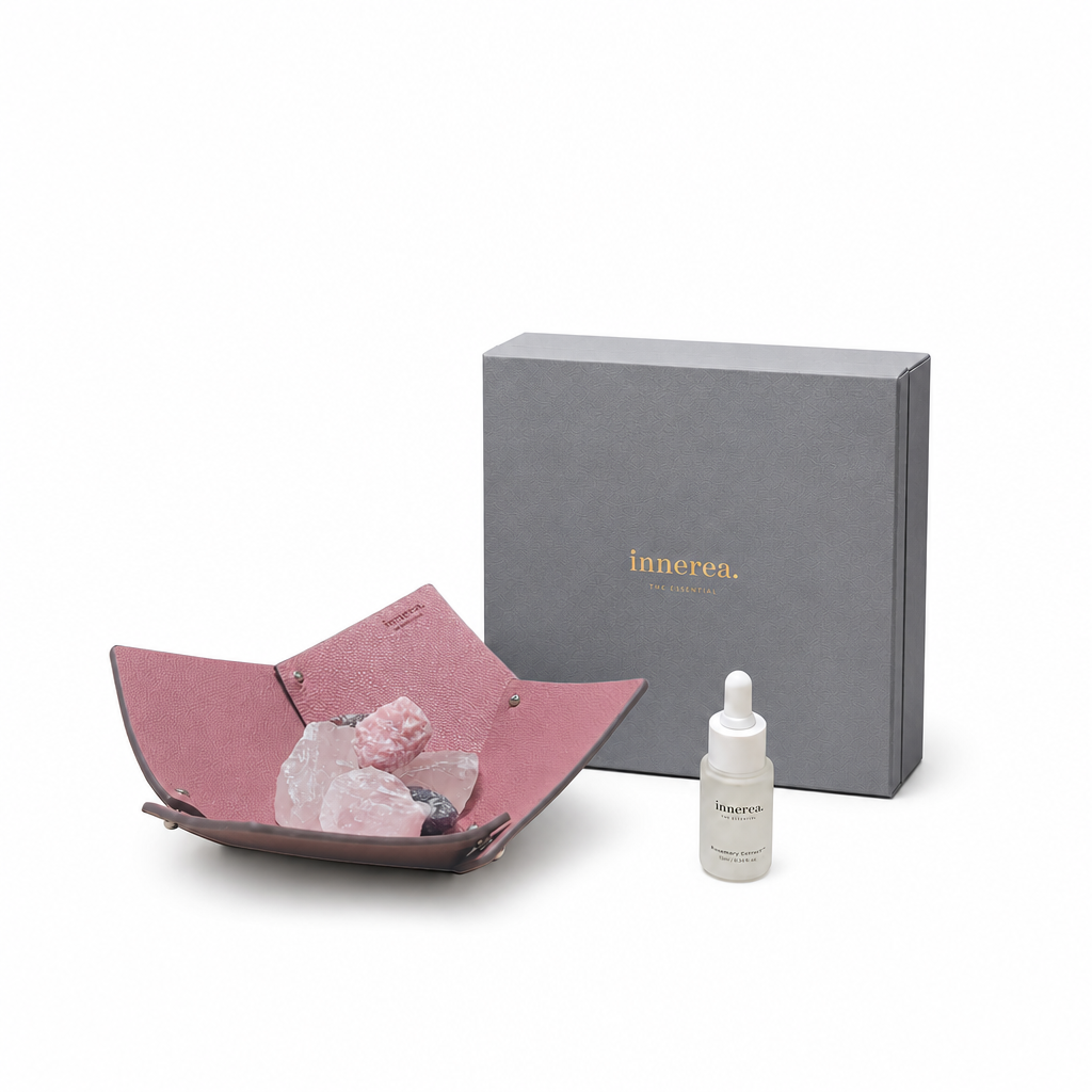 INNEREA Attract | Singapore Design Leather Tray Natural Crystal Stone Home Fragrance Set | Rose Quartz | Damask Rose & Cedar