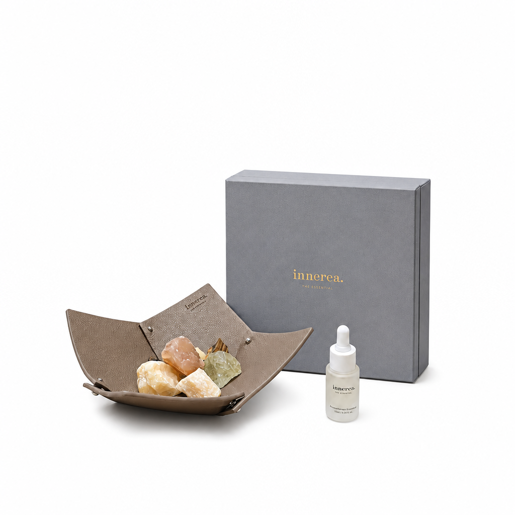 INNEREA Golden | Singapore Design Leather Tray Natural Crystal Stone Home Fragrance Set | Citrine | Bergamot & Vetiver